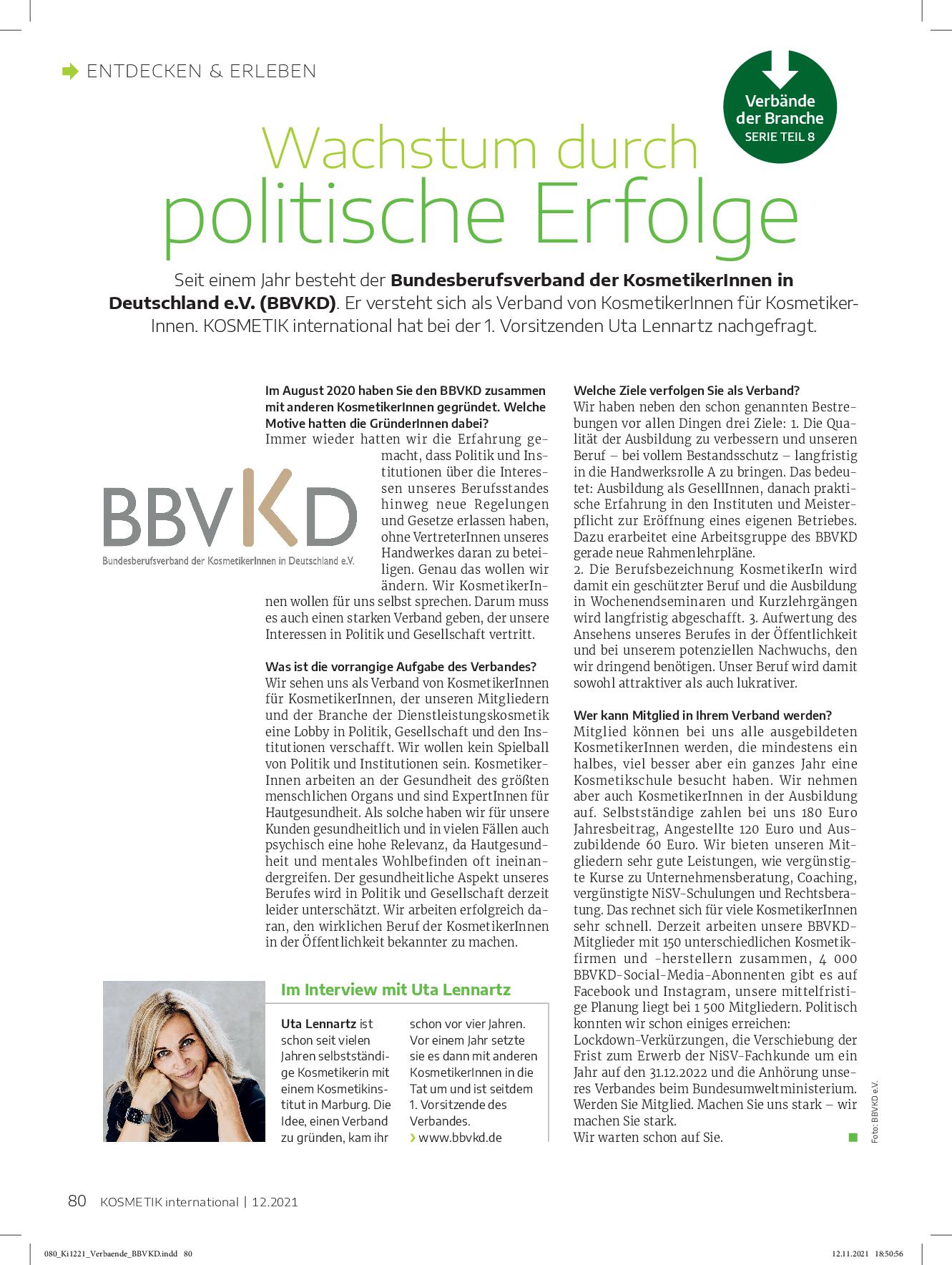 Featured image for “Interview des “Fachmagazins Kosmetik International” mit 1. Vorsitzender Uta Lennartz, Ausgabe 12.2021”